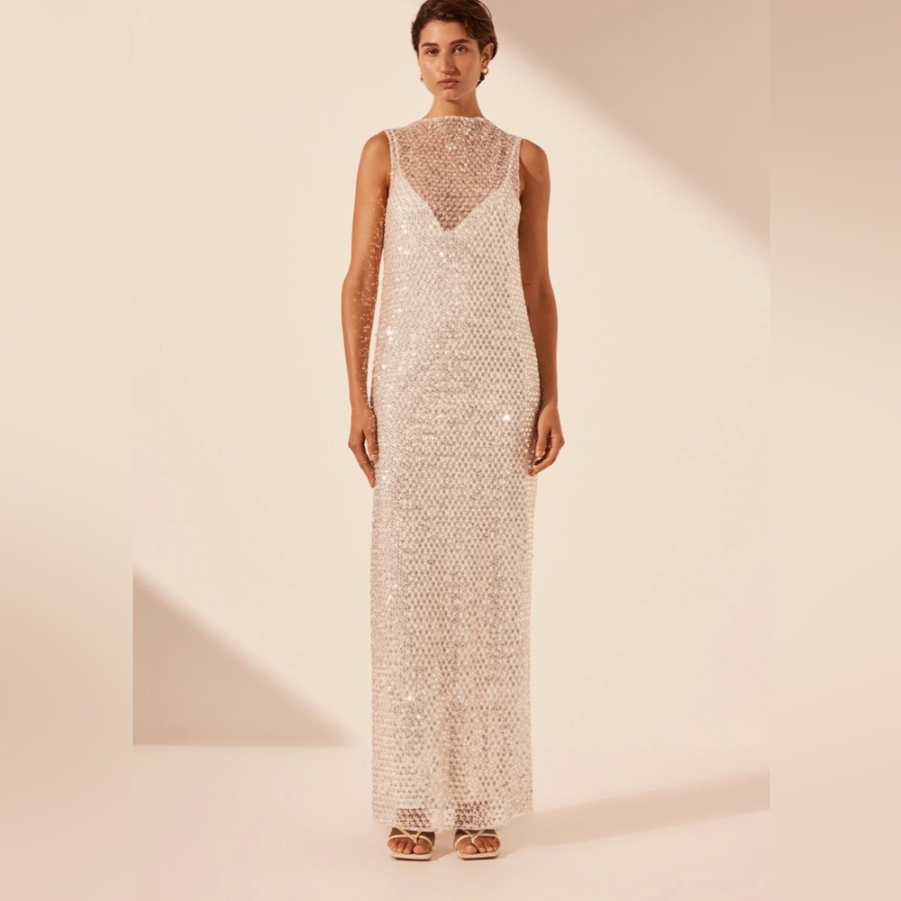 Silver Sheer Sequin Shona Joy Asteri Gown/Maxi Dress Wedding Collection Like New